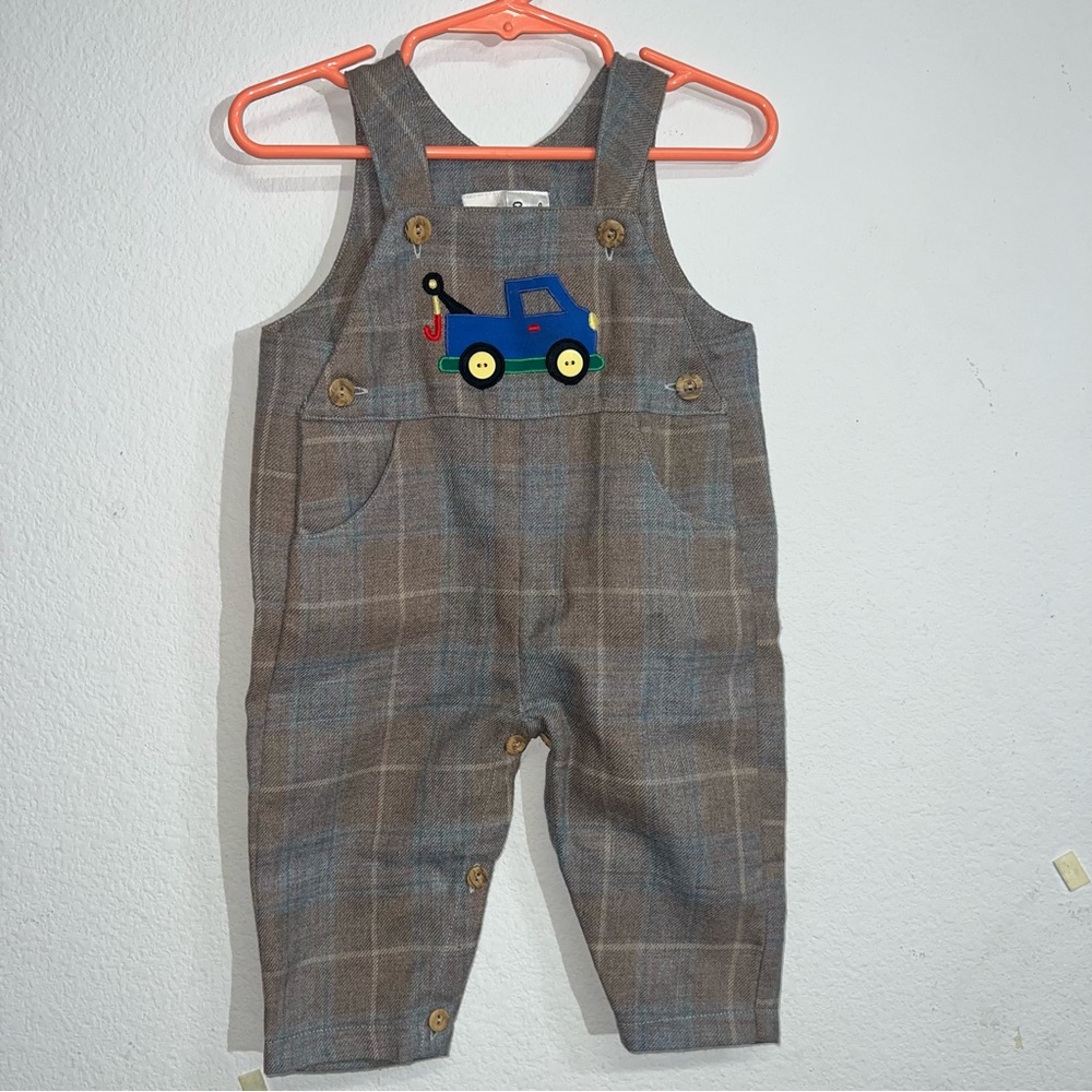 Sarah Louise Baby Boy Overalls 6 Months Plaid Tartan Romper‎ Tow Truck Applique